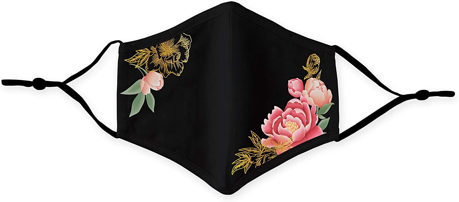 Weddingstar 3-Ply Adult Washable Cloth Face Mask Reusable and Adjustable with Filter Pocket - Black Modern Floral