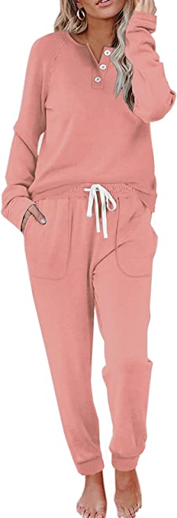 WIHOLL Two Piece Outfits for Women Lounge Sets Button Down Sweatshirt Sweatpants Sweatsuits Set with Pockets - Pink