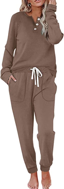 WIHOLL Two Piece Outfits for Women Lounge Sets Button Down Sweatshirt Sweatpants Sweatsuits Set with Pockets - Khaki