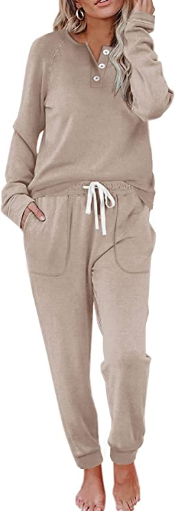 WIHOLL Two Piece Outfits for Women Lounge Sets Button Down Sweatshirt Sweatpants Sweatsuits Set with Pockets - Long Sleeve - Beige