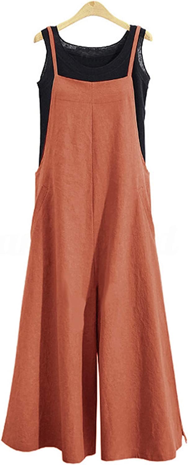 Women Casual Loose Long Bib Pants Wide Leg Jumpsuits, Baggy Cotton - Rust Split Wide Leg