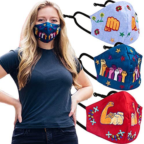 Women Floral Embroidered Face Mask Cotton Lining Handcrafted, 3 Layers, Pack of 3 - Color: Girl Power