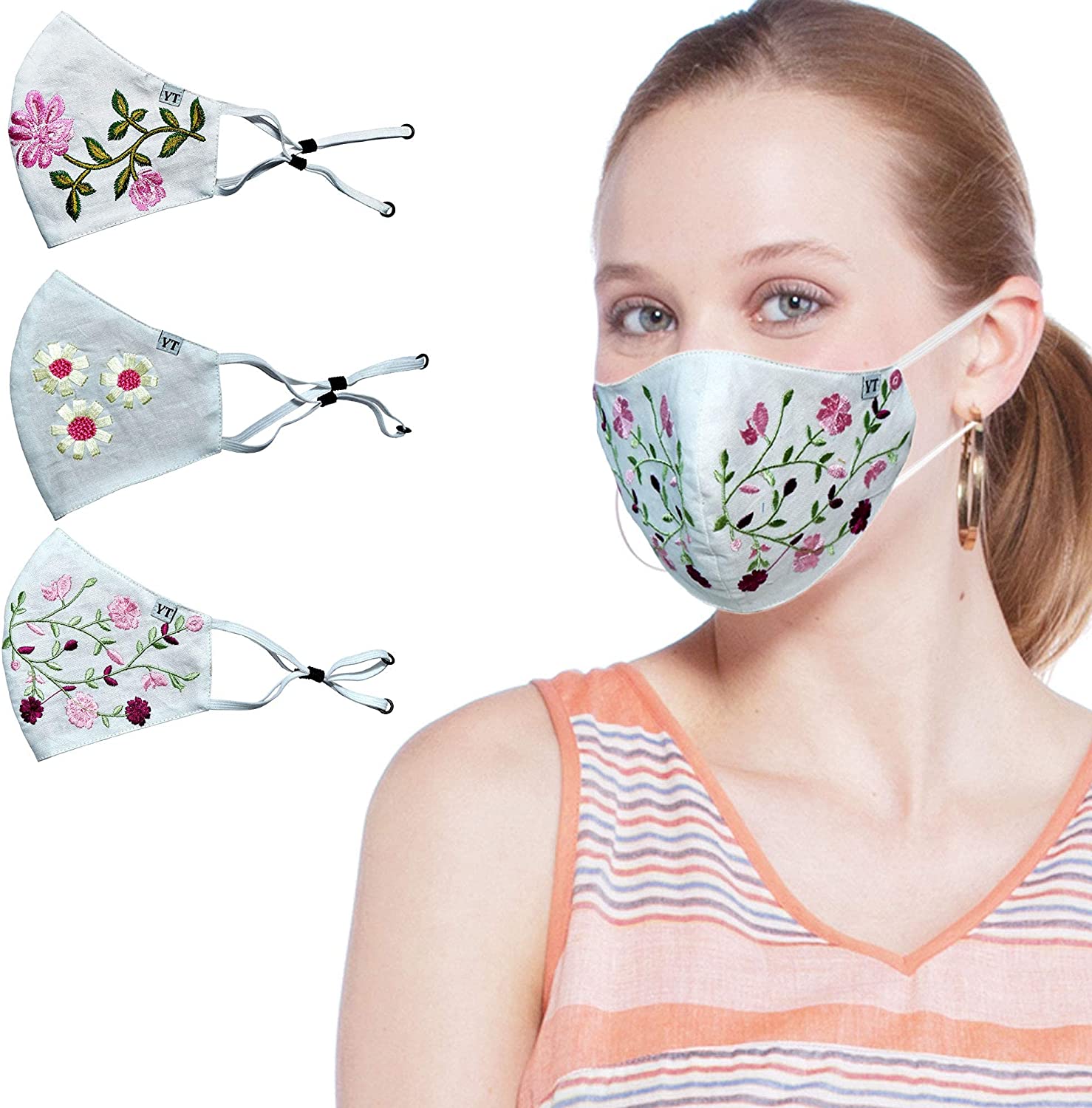Women Floral Embroidered Face Mask Cotton Lining Handcrafted, 3 Layers - Color: Group 66