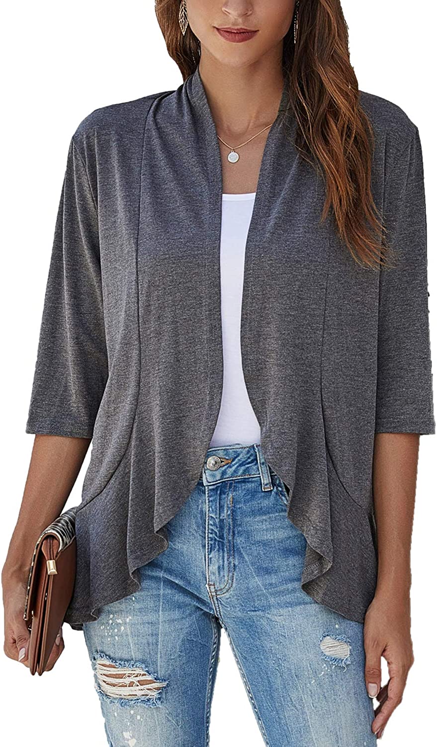 Women's Casual Lightweight Open Front Cardigans Soft Draped Ruffles 3/4 Sleeve Cardigan Sweater - XL, Charcoal