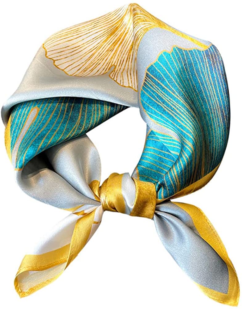 Women's Men's Small Square 100% Real Mulberry Silk Satin Scarfs Hair Head Face Scarf - (Yellow Leaf)