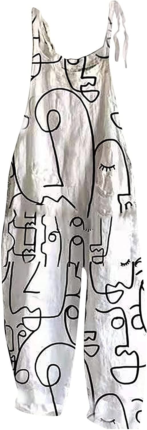 Women's Simple Bold Jumpsuits Casual Loose Boho Bib Overalls Wide Leg Sling - Black & White