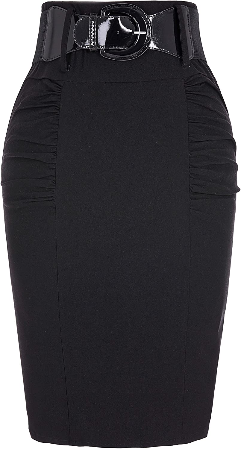 Women's Stretchy Pencil Skirt Side Pleated Business Skirts with Belt KK271(28 Color) - Black