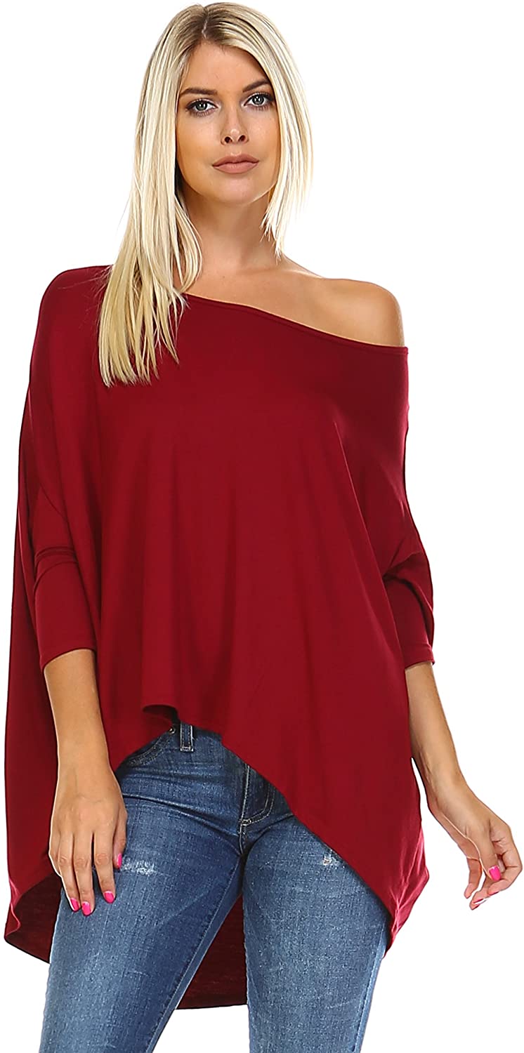 Women's Tunic Top – Casual 3/4 Batwing Dolman Sleeve Off Shoulder Baggy Oversized T Shirt Blouse, Burgundy, XL
