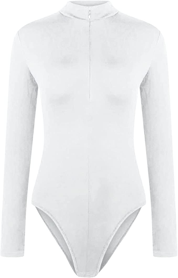 Women's Zip Front Turtleneck Sexy Bodysuit Long Sleeve Tops Bodycon Stretchy Jumpsuit Leotard - White