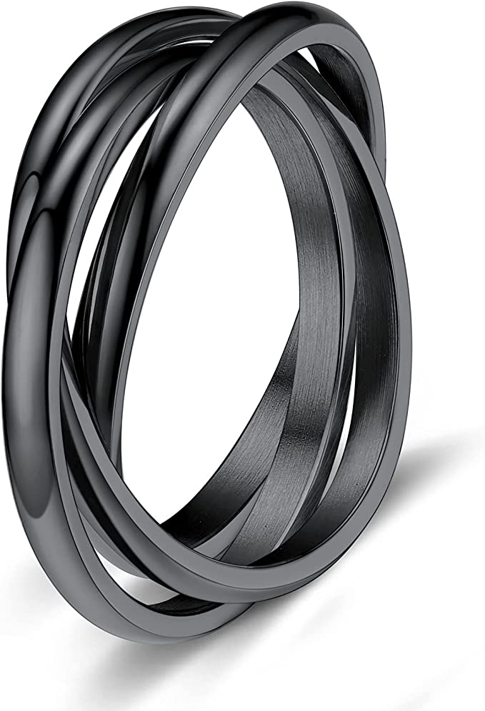 Women Triple Interlocked Rolling Ring, 316L Stainless Steel - Black