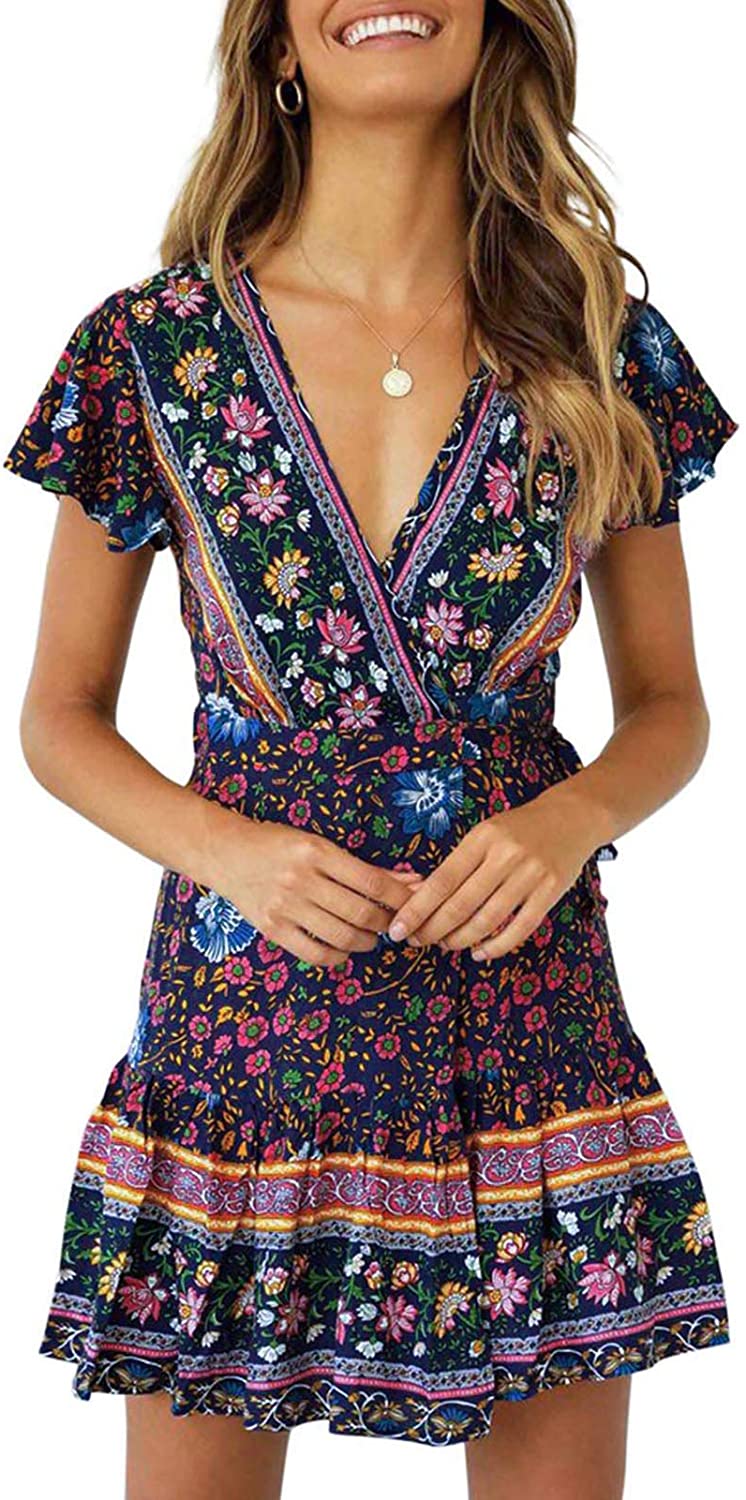 Women’s Summer Wrap V Neck Bohemian Floral Print Ruffle Swing A Line Beach Mini Dress - 8.8Oz (248g)