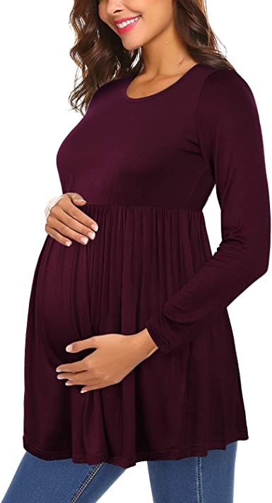 Womens Flattering Maternity Tops Comfy Short Sleeve Pleated Pregnancy Shirt, Large - Wine Red