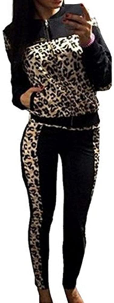 Womens Leopard Tracksuit Hoodies Sweatshirt Pants Sportswear Set (XL)