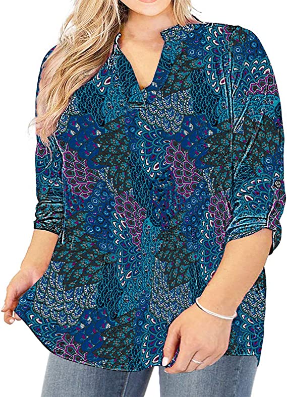 Womens Plus Size Tops V Neck T-Shirts Blouses Casual Soft Flowy Tunic Long Roll Tab Sleeves with Buttons - Floral 27