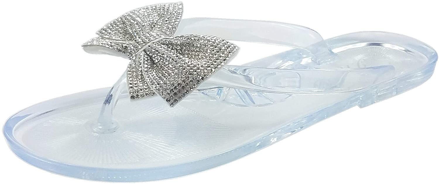 Womens Rhinestone Bow Flip Flops Jelly Flat Sandal - (Clear, 8)