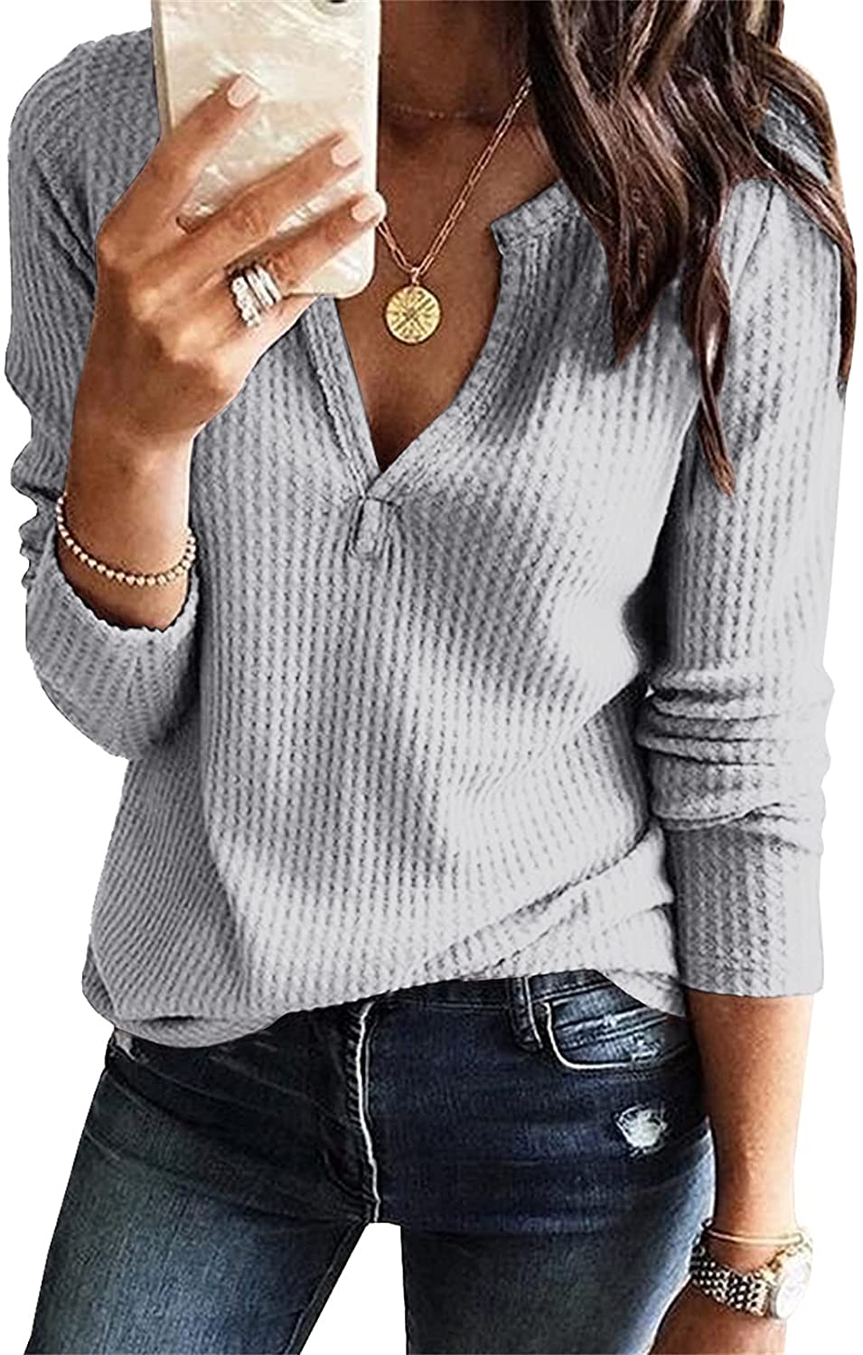 Womens V Neck Shirts Long Sleeve Waffle Knit Loose Fitting Warm Tee Tops Pullover Sweaters