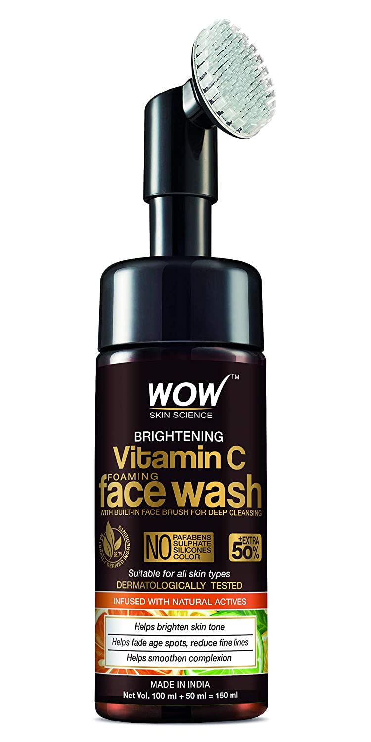 Best Vitamin C Foaming Face Wash with Face Brush for Deep Cleansing - WOW Skin Science Brightening Face Wash - 3.3 Fl.Oz (100ml)