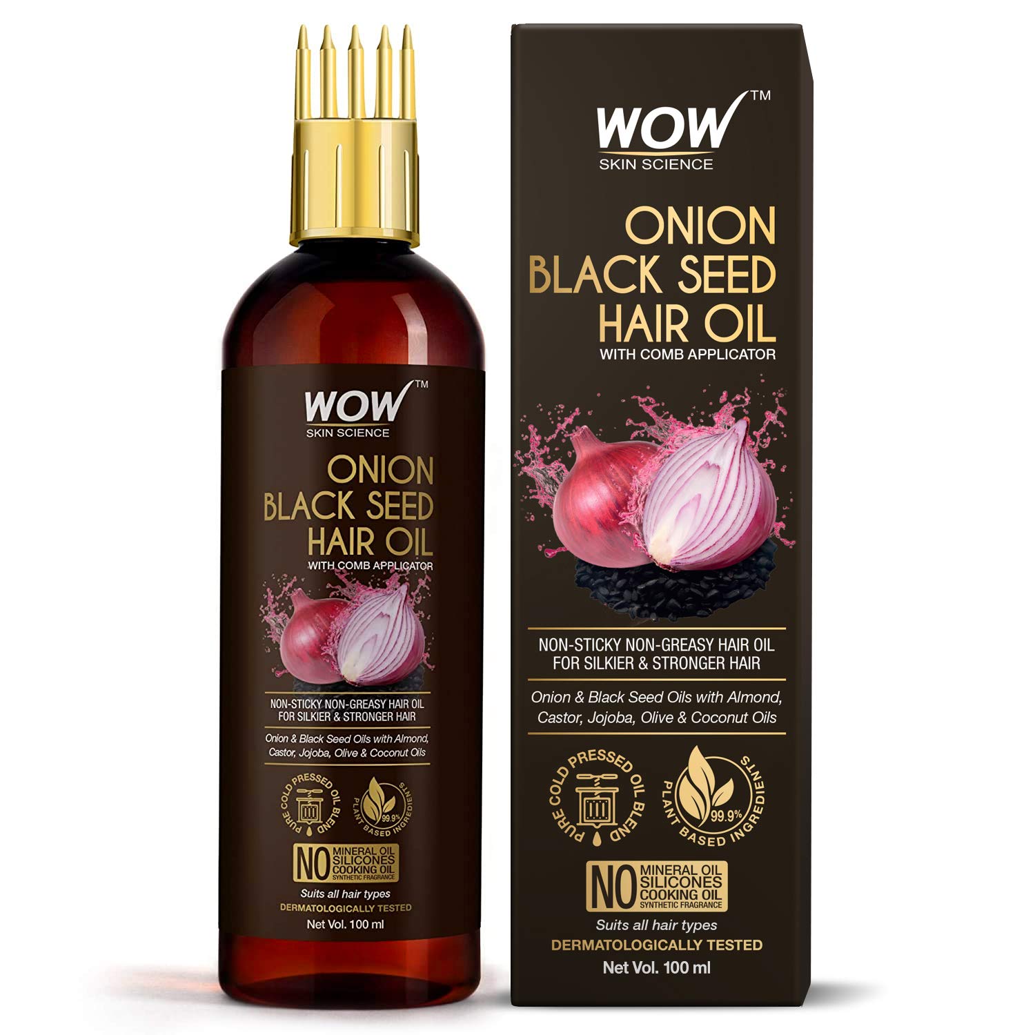 WOW Skin Science Red Onion Black Seed Hair Oil - With Comb Applicator - 100ml