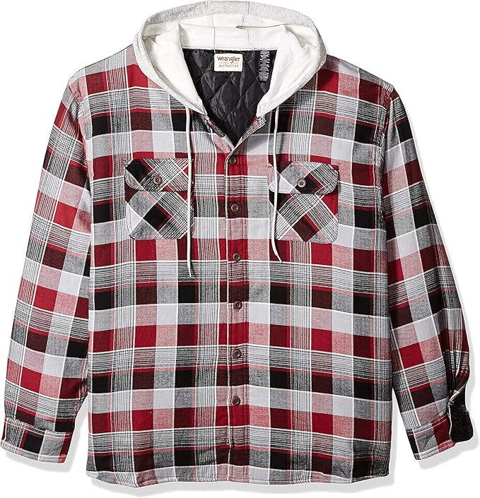 Wrangler Authentics Men's Long Sleeve Quilted Lined Flannel Shirt Jacket With Hood Color: Biking Red