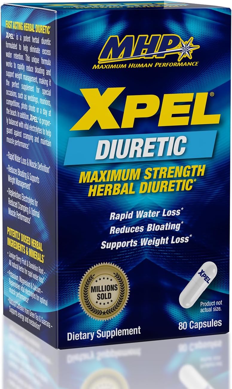 MHP Xpel Maximum Strength Diuretic Water Pills, for Water Retention Relief, Weight loss Support, with Vitamin B-6 Potassium Dandelion Root, 80 Capsules