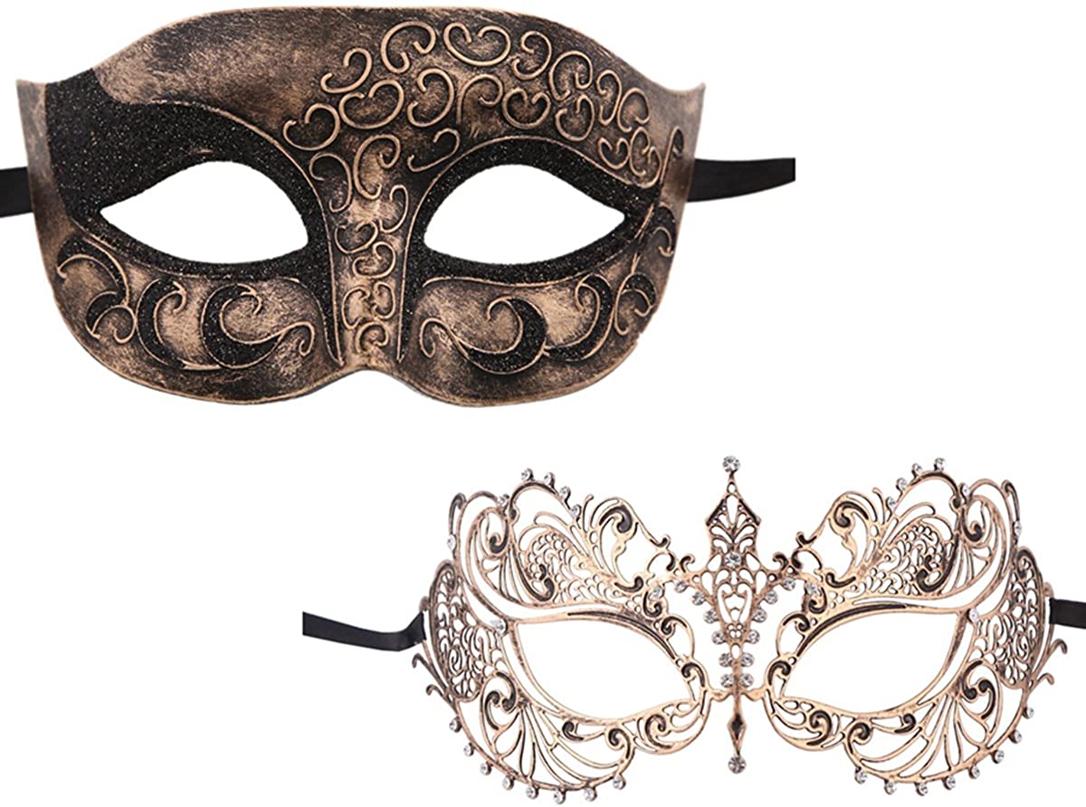 Xvevina One Pair Venetian Mask Masquerade Mask for Couples (Vintage Gold Couple)