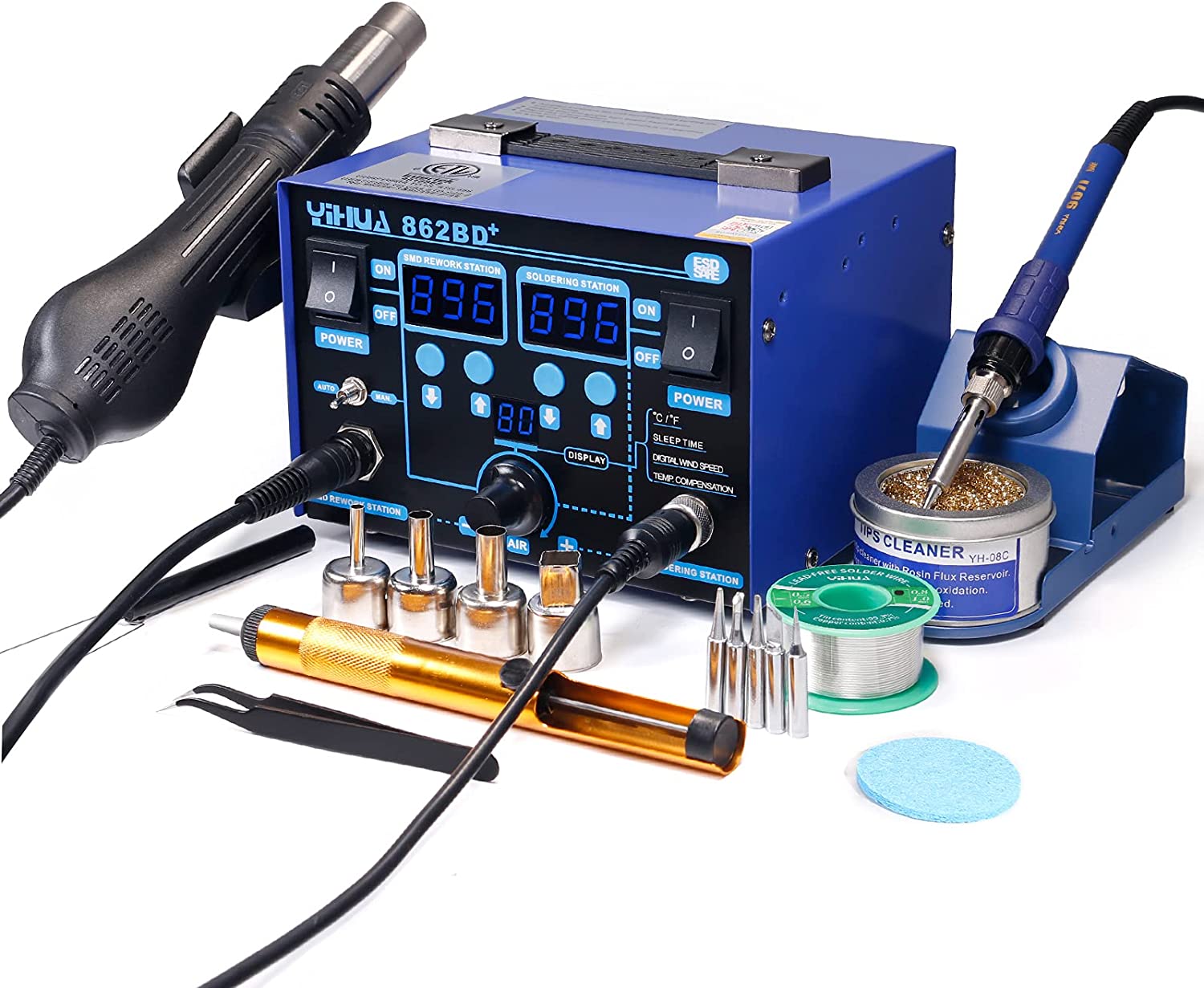 YIHUA 862BD+ SMD ESD Safe 2 in 1 Soldering Iron Hot Air Rework Station with Multiple Functions
