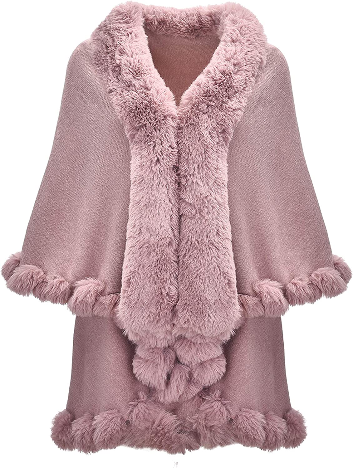 ZLYC Women Fine Knit Open Front Faux Fur Trim Layers Poncho Cape Cardigan Sweater - Pink